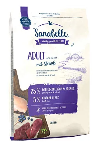Sanabelle Adult mit Strauß - Hochwertiges Katzentrockenfutter - Katzenfutter für ausgewachsene Katzen ab 12 Monaten, mit 21% frischem Geflügelfleisch und 4% Strauß, unterstützt die Immunabwehr und ist glutenfrei.