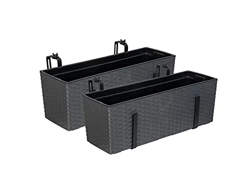 Set: 2 x XL Balkonkasten im Rattan Design - Blumenkästen mit integriertem Wasserspeicher, ideal für Balkon und Terrasse. Flexibel mit verstellbarer Stahlaufhängung für eine sichere Befestigung.