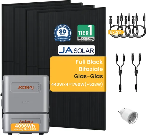 Balkonkraftwerk mit Speicher 4096Wh, Jackery Navi 2000 Speicher mit JaSolar 1760W(+528W) Full Black Bifaziale Solarmodule