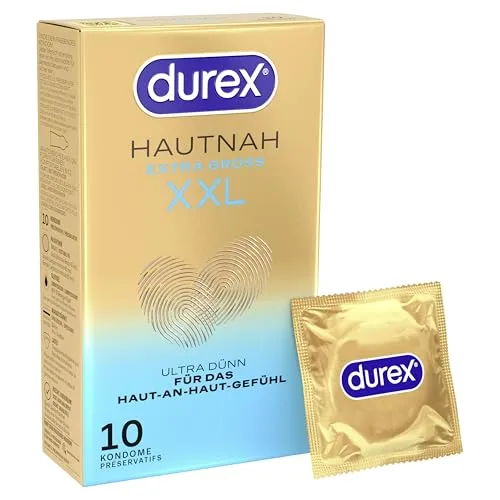 Durex Hautnah XXL Kondome – Ultra dünn, mit großer anatomischer Easy-On-Form & mit Silikongleitgel befeuchtet – 10er Pack (1 x 10 Stück)