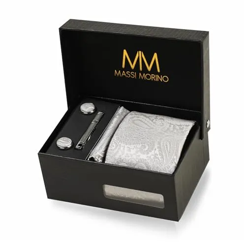 Massi Morino Krawatte Paisley Grau mit Einstecktuch Set - Krawatten & Fliegen-Sets für Herren: 5-in-1 Geschenkset mit hochwertiger Krawatte, Einstecktuch, Manschettenknöpfen und Krawattennadel in edler Geschenkbox.