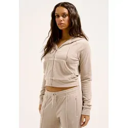 Kapuzennickijacke JUICY COUTURE "MADISON CLASSIC VELOUR HOODIE Damen", Damen, Gr. M, beige (string), 95% POLYESTER, 5% ELASTAN, slim fit, Langarm, Jacken, Trainingsjacke Damen, Sweatjacke mit Kapuze, Velour, mit Glitzer, Sale