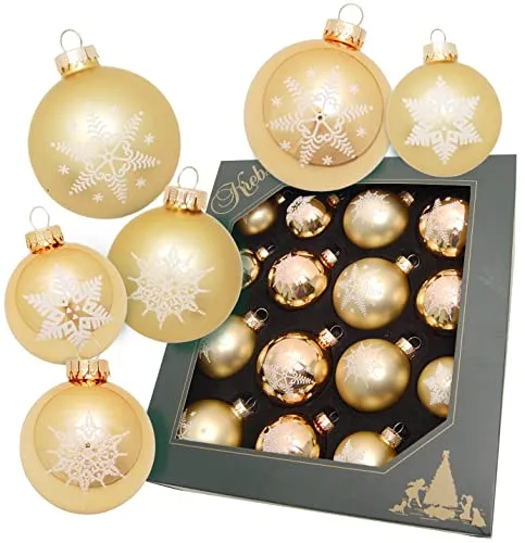Krebs Glas Lauscha - Weihnachtsdekoration/Christbaumschmuck aus Glas - Weihnachtskugeln - Motiv: Gold mit Schneeflocke - 16 Stück - Größe: 6 mal 5cm - 6 mal 6cm - 4 mal 7cm