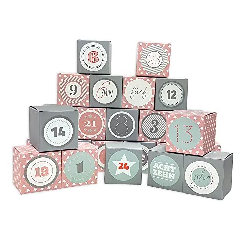Frau WUNDERVoll® DIY Adventskalender Vorfreude zum Befüllen, Faltschachteln 12x rosa weiße Sterne,12x grau 7x7x7cm(gefaltet),XL Ziffern pastell/Weihnachten, Würfelbox, Faltverpackung, Schachteln