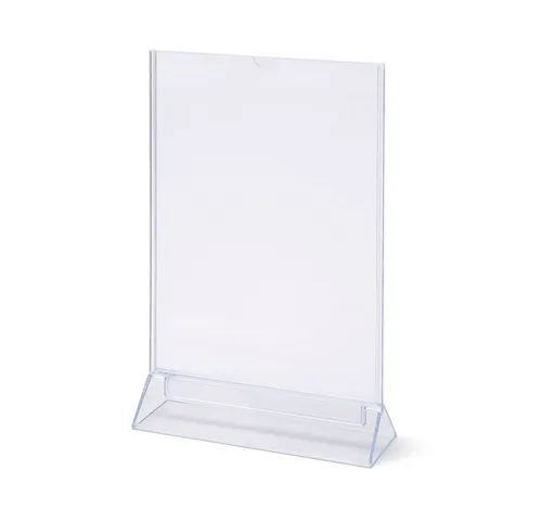 Showdown Displays Scritto® L-Aufsteller DIN A4 Hoch - Eleganter Prospekthalter für professionelle Präsentationen im Innenbereich. Robustes Design aus klarem Polystyrol ermöglicht schnellen Austausch von Dokumenten und bietet eine hervorragende Lesbarkeit.