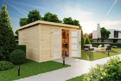 Gartenhaus Blockhaus Holzhaus ZAMBEZI 7 - Modernes Gartenhaus aus Naturholz - Gartenhaus aus 28 mm dickem Holz, abschließbar und einfach zu montieren. Ideal für kreative Gestaltungen in Ihrem Garten!