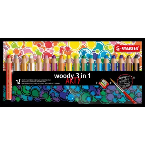 Stabilo Buntstifte woody 3 in 1 ARTY, 18 Stück - Schreibutensilien mit 3 in 1 Funktion: Buntstift, Wassermalfarbe und Wachsmalkreide. Ideal für kleine Kinderhände, bruchsichere XXL-Mine und hohe Farbintensität.