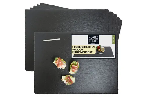 Moritz & Moritz Servierplatte Schieferplatte - 7-teiliges Set in Schwarz - Servierplatten aus hochwertigem Schiefer, ideal für stilvolle Anlässe. Inklusive 6 Schieferplatten und Kreidestift für kreative Beschriftungen.