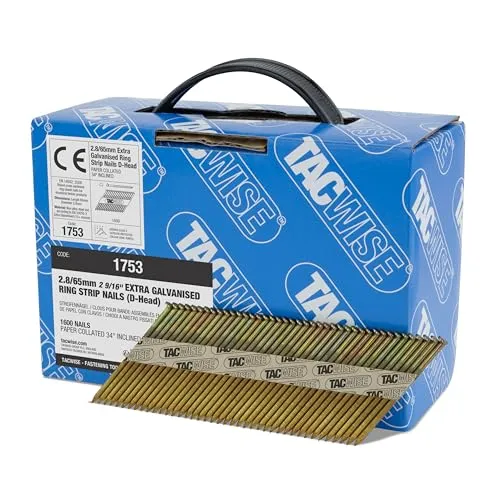 Tacwise 1753 Extra Verzinkte Rahmennägel 2,8/65 mm, D‘-Kopf, Ringschaft, mit 34° Neigung, Papiergebunden, Packung mit 1600 Stück