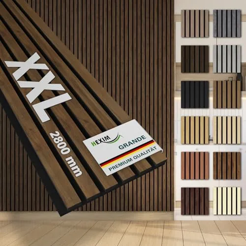 Hexim Wandpaneel - Akustikpaneele 280x30cm aus Echtholzfurnier - Wandpaneele zur Verbesserung der Raumakustik mit edlem Echtholzfurnier, ideal für Wohnzimmer, Büros oder Restaurants. Extra dicker Akustikfilz sorgt für optimale Schallabsorption.