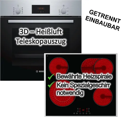 BOSCH Herdset mit Backofen und Glaskeramikkochfeld - Flexibles Kochen und Backen - BOSCH Einbaubackofen mit PKM Glaskeramikkochfeld: Flexibles Kochen mit 4 Zonen, 3D-Heißluft für gleichmäßige Backergebnisse und praktische Sicherheitsfunktionen – ideal für moderne Küchen.