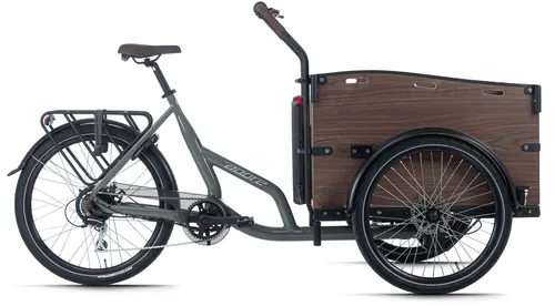 adore-bikes Adore Cargo E-Bike Urban Deluxe grau - E-Bike für den Transport von Einkäufen, Kindern oder Haustieren mit großer Holzbox, sicherem Dreipunktgurtsystem und mechanischen Scheibenbremsen. Maximale Tragfähigkeit von 250 kg und bequemer Gel-Sattel.