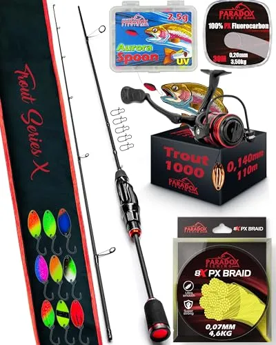 Paradox Fishing Komplett UL-Ruten Set I Trout Series X Rute I 1,85m Wg. 1,2g-4g - OPTIMALES ANGELVERGNÜGEN - Mit der leichten Hochleistungskohlefaser-Rute erzielst Du weite Würfe und spürst jeden Biss. Ideal für Forellenangler, die Wert auf Präzision legen. Das Set umfasst Rute, Rolle und Zubehör für den sofortigen Einsatz.