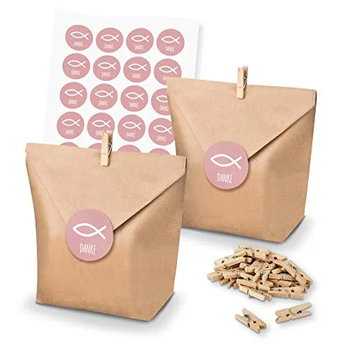 itenga Set Fisch 24x Geschenktüten Papier Braun inkl Aufkleber Sticker für Gastgeschenke Taufe Kommunion Konfirmation (Altrosa (mit Text))
