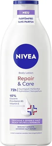 NIVEA parfümfreie Bodylotion Repair & Care (400 ml) - Hautpflege für sensible Haut – Diese parfümfreie Lotion spendet bis zu 72h Feuchtigkeit und zieht schnell ein. Ideal für die tägliche Anwendung, sorgt sie für ein angenehmes Hautgefühl ohne zu fetten.