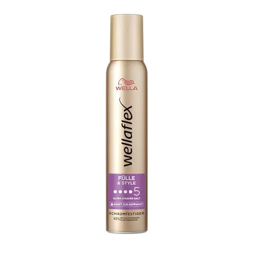 Wellaflex Fülle & Style Schaumfestiger 200ml - Styling-Schaum mit bis zu 24 Std. ultra starkem Halt, ideal für volles, voluminöses Haar. Dermatologisch getestet und silikonenfrei, sanft zur Kopfhaut.