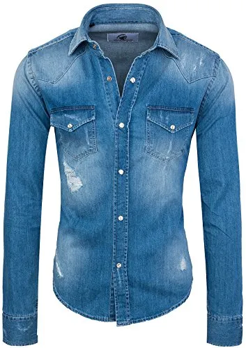 Rock Creek Herren Jeanshemd Denim RC-013 [Blau M] - Herrenhemden mit hochwertiger Verarbeitung, mittlerer Waschung und Druckknopfleiste für optimalen Tragekomfort. Verfügbar in 5 Größen, ideal für lässige Outfits.