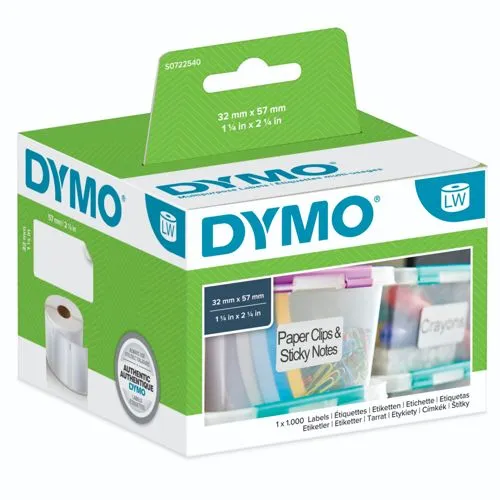 Dymo S0722540 Etiketten (57 x 32mm, 1000 Stück) - Hochwertige weiße Etiketten für Dymo Drucker, ideal für professionelle Beschriftungen und Organisation, passend für zahlreiche Dymo Modelle.
