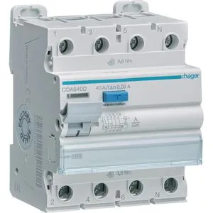Hager CDA640D FI-Schutzschalter 4P 10kA 40A 30mA TypA - 4-poliger Fehlerstromschutzschalter mit 10kA und 30mA für sicheren Schutz. Ideal für die Elektroinstallation, mit Bi-Connect-Klemmen und einfacher Montage auf DIN-Schiene.