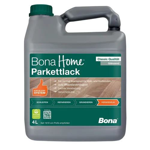 Bona Home Parkettlack Classic Versiegelung glänzend 4 Liter - Holzpflege, Holzversiegler & Holzöl - Optimaler Schutz für Holz- und Korkböden, leicht aufzutragen, schnell trocknend und geruchsarm.