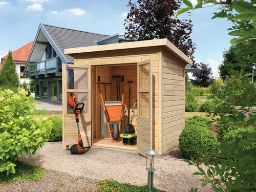 KARIBU Gartenhaus Holz Gerätehaus Merseburg - Praktisches Holzgerätehaus von KARIBU mit Doppeltür für einfachen Zugang. Ideal für die Aufbewahrung von Gartengeräten. Naturbelassenes Fichtenholz sorgt für eine ansprechende Optik.