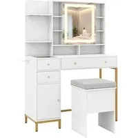 Costway Schminktisch Set mit Ladestation und Glastischplatte in Weiß - Elegantes Schminktisch Set mit integrierter Ladestation für Geräte. Der HD-LED-Spiegel bietet anpassbare Helligkeit und Farboptionen. Ideal für stilvolle Organisation und täglichen Komfort.