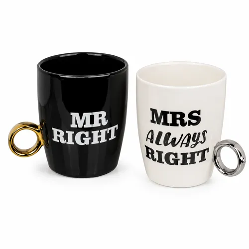 Kaffeebecher Griff iin Ringform 2er Set Mr. Right und Mrs Always Right Hochzeit