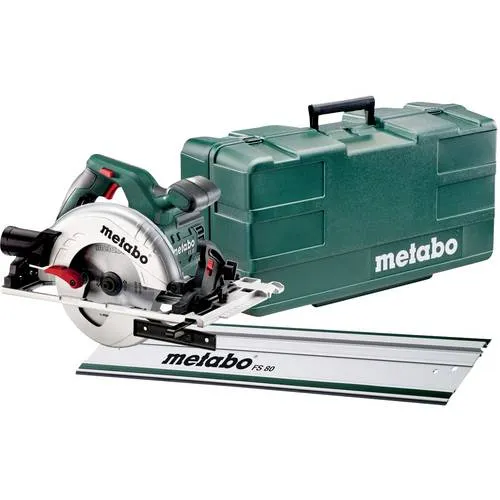 Metabo Handkreissäge KS 55 FS SET + FS 80, 1200 W - Sägen: Mit Führungsschiene FS80 für präzise Schnitte, 0°-Position nachjustierbar und rutschfester Softgrip für komfortables Arbeiten.