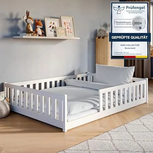 Kids Collective Kinderbett 140x200 cm mit Rausfallschutz - Montessori-Bett aus FSC-zertifiziertem Kiefernholz, mit sicherem Rausfallschutz und stabilen Lattenrosten, ideal für Kinder und Eltern.