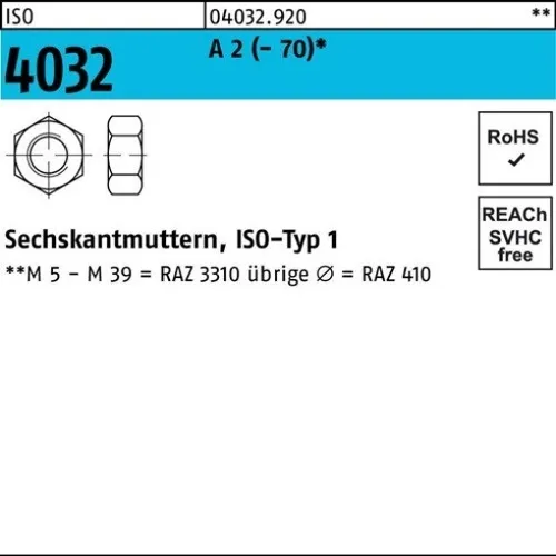 100er PACK(Stk) BUFAB 004032920009040000 Sechskantmutter ISO 4032 M 4 A 2