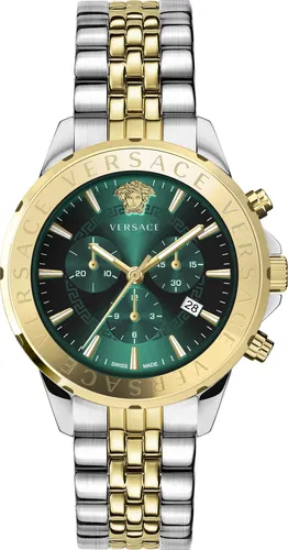 Versace VEV602023 Signature Chronograph Uhr - Herren Armbanduhr in grün-gold-silber, elegant und funktional mit präzisem Chronographen für stilbewusste Männer.