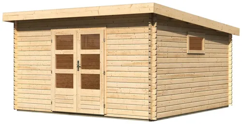 Gartenhaus KARIBU "Trittau 6" - Beige, ohne Fußboden - Gartenhäuser aus 38 mm nordischer Fichte, stabile Blockbohlenbauweise mit patentierter 6-Plus-Eckverbindung für hohe Regen- und Winddichte. Optimaler Tageslichteinfall durch große Fenster.