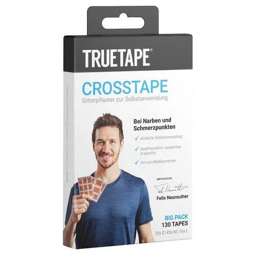 Gitterpflaster TRUETAPE® Crosstape beige - Pflaster für Physiotherapie, wasserfest und hautfreundlich, ermöglicht einfache Selbstanwendung bei Schmerzen und Triggerpunkten.