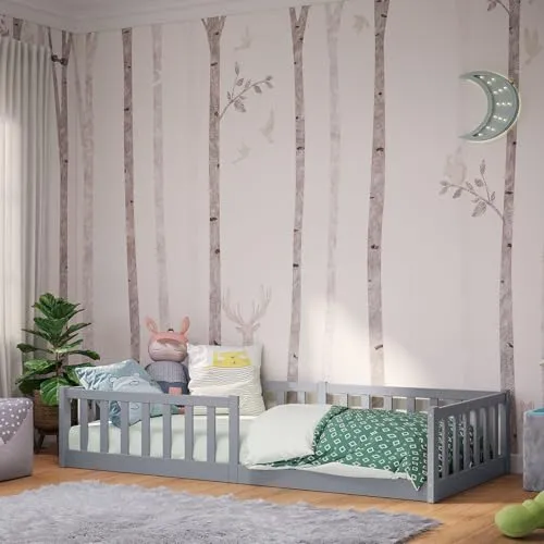 Bellabino Kinderbett Vere mit Rausfallschutz – Sicher und stilvoll - Das Kinderbett Vere von Bellabino bietet mit Rausfallschutz und Lattenrost optimale Sicherheit. Hergestellt aus robustem Kiefernholz in hellgrau, fördert es ein liebevolles und kreatives Umfeld für Ihr Kind.