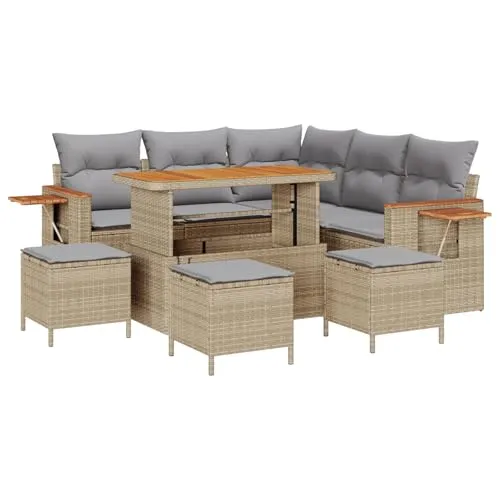 vidaXL 9-teiliges Garten Sofa Set mit Kissen Beige Poly Rattan Akazie, 4-teiliges Gartentisch Set mit Kissen Beige Poly Rattan Akazie