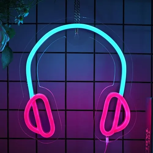 Headset Neon Schilder LED Nachtlicht, USB Powered Headphone Lightup Game Schilder für Game Zone Video Room Boy Bedroom Wall Decor, helles und dimmbares farbiges Headset Gamer Neon Licht