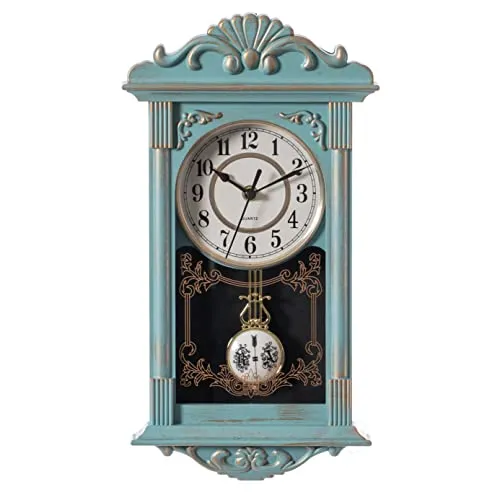 Clockswise Vintage Großvater Holzoptik Kunststoff Pendel Dekorative Batteriebetriebene Wanduhr für Büro, Heimdekoration, Wohnzimmer, Küche oder Esszimmer, Blau mit Gold Distressed Design