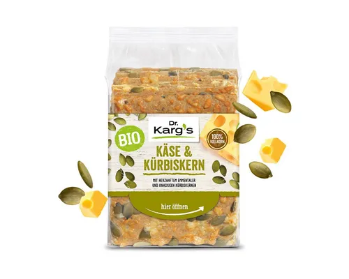 Dr. Kargs Bio Vollkorn Knäckebrot Käse & Kürbiskern 200g - Entdecken Sie Dr. Kargs Bio Vollkorn Knäckebrot mit Käse & Kürbiskern. Knusprig und herzhaft, ideal für Snacks oder als Brot-Alternative. Vollgepackt mit nussigen Kürbiskernen und würzigem Hartkäse – ein Genussmoment für jeden Tag!