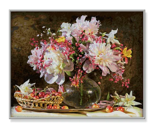 Schipper 609130773 Malen nach Zahlen - Blumenstrauß mit Kirschen, 40 x 50 cm, inklusive Pinsel und Acrylfarben für kreative Erwachsene ohne Vorkenntnisse