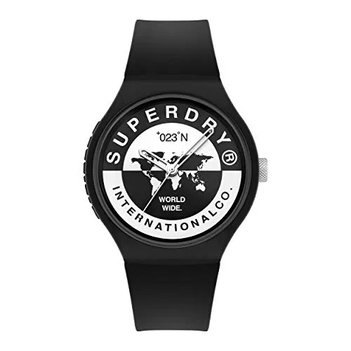 Superdry Herren Analog Quarz Uhr SYG279B mit Silikonarmband - Modische Herrenuhr mit weichem Silikonarmband und robustem Kunststoffgehäuse. Ideal für den Alltag, wasserdicht bis 5 bar und mit stylischem Weltkarten-Design.