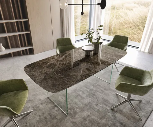 DELIFE Esstisch Edge Boot 200x100 Keramik Laminam® Emperador Extra Lucidato Dunkelbraun Gestell Glas