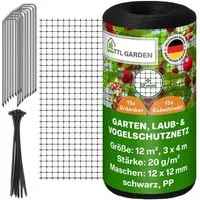 TTL GARDEN Vogelschutznetz 3x4m 12x12mm 20g/m² Schwarz Laubnetz Teichnetz Beetschutznetz Obstbaumnetz inkl. 15 Erdanker