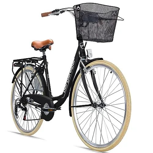 Bergsteiger Paris 26 Zoll Damenfahrrad mit Korb und Licht - Elegantes Citybike für Damen ab 140 cm. Ausgestattet mit praktischem Einkaufskorb und batteriebetriebenem Licht für mehr Sichtbarkeit im Verkehr. Die 6-Gang Shimano Schaltung sorgt für müheloses Fahren in der Stadt.