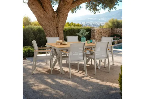 IDIMEX Gartenlounge-Set WINDY - Garten-Lounge-Set für 6 Personen aus wetterfestem Alu und WPC, ideal für entspannte Stunden im Freien mit eleganter champagner Farbgebung.