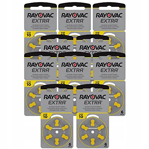 Rayovac Extra Advanced 10 Hörgerätebatterien (60er Pack) - Hochleistungsbatterien der Größe 10, ideal für Hörgeräte, bieten langanhaltende Energie mit Zink-Luft-Technologie für zuverlässige Leistung.