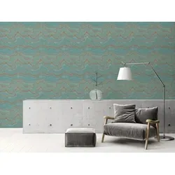 Livingwalls Tapete 396591 mit Marmoroptik - hochwertige Design Tapete Marmor in Blau, Petrol, Bronze - Wandtapete mit Glanzeffekt in Gold, Kupfer - 10,05m x 0,53m - Made in Germany
