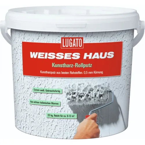 Lugato Weisses Haus Kunstharz Rollputz - Körnung 0,5 mm 8 kg - Wetterfester Putz für individuelle Fassadengestaltung mit echtem italienischem Marmor. 10-mal dickere Schicht als Farbe für langanhaltende Ergebnisse.
