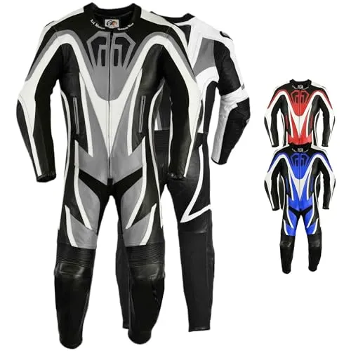 German Wear Einteiler Motorradkombi Motorrad Lederkombi aus Rindsleder echtleder Kombi, Größe:58/3XL, Farbe:Grau