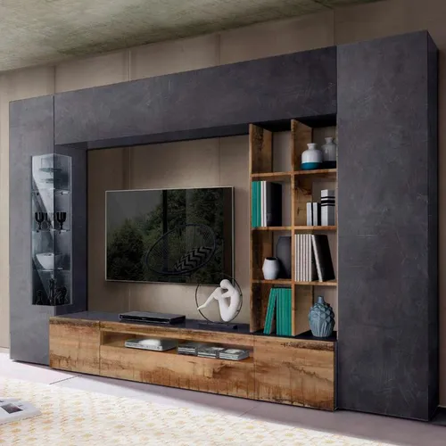 Wohnwand Ardesia Holz TV-Schrank Vitrine Hängeschrank Säule Egypt Oban - Elegante Wohnwand mit Holzeinsätzen, ideal für Ihr Wohnzimmer. Bietet viel Stauraum für Unterhaltungselektronik und ist ein stilvolles Highlight im Raum.