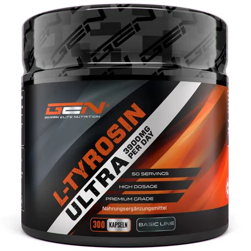 L-Tyrosin Ultra - 365 Kapseln - Sportnahrung mit 3800 mg hochdosiertem L-Tyrosin pro Tagesportion. Ideal für aktive Menschen und Athleten, unterstützt die Aminosäurenaufnahme vor dem Training. Frei von Zucker und Zusatzstoffen.